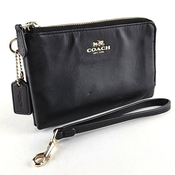 Coach Handbags - COACH Black Leather Wristlet Wallet Dual Zipper Gold Tone Hardware